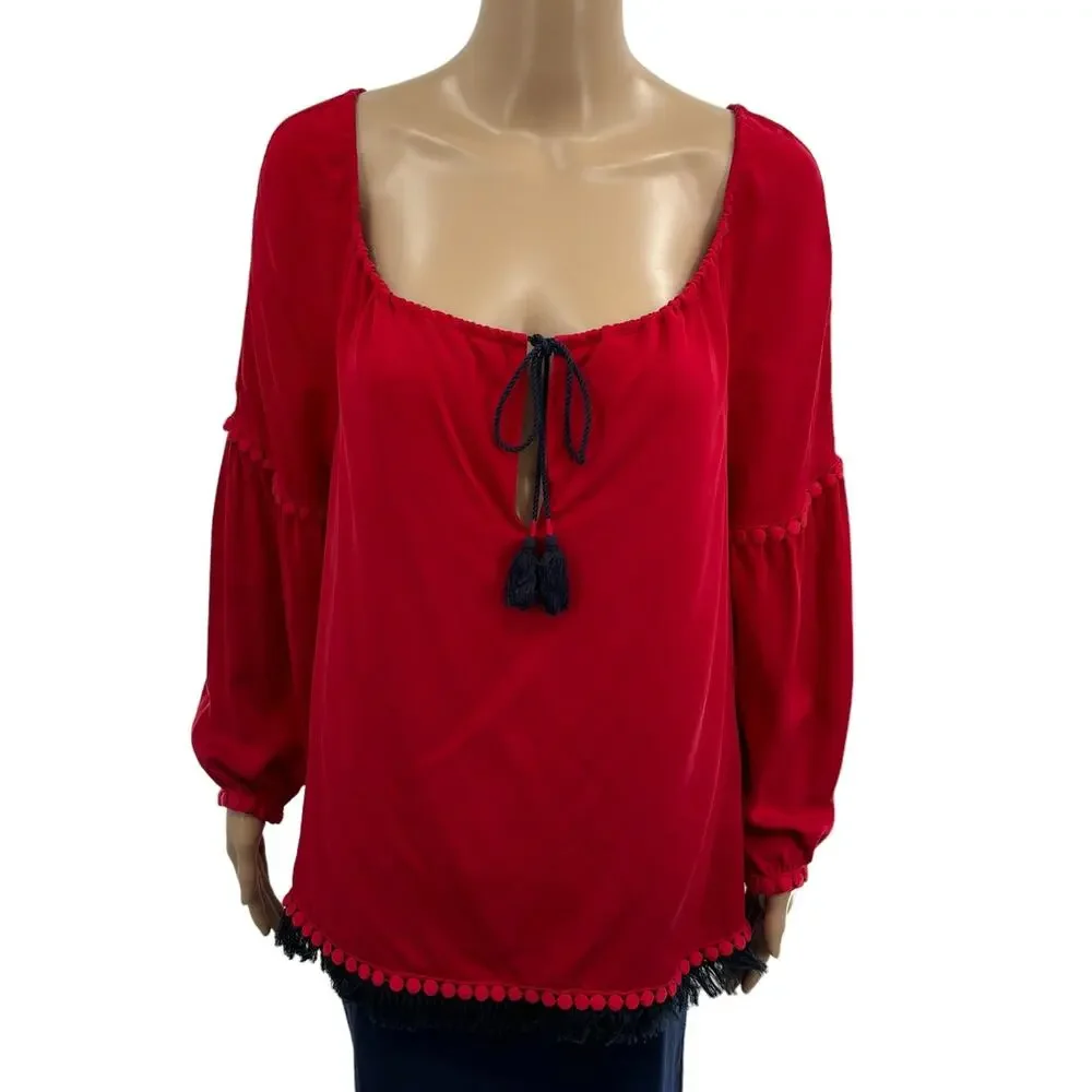 Tory Burch Sylvie Red Silk Tassel Tie Peasant Blouse